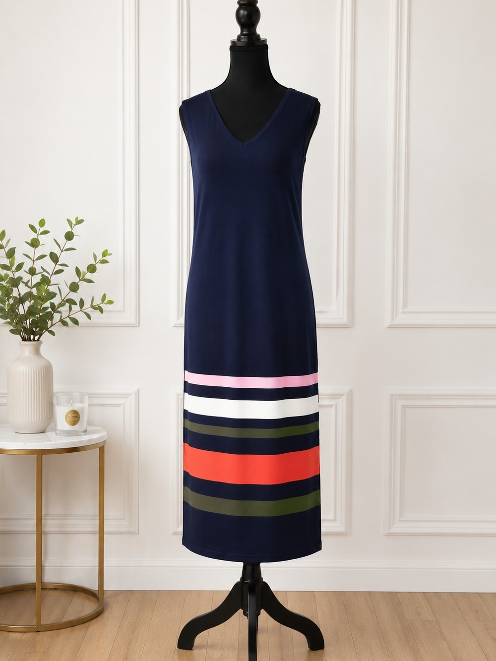 Ted Baker Navy Maxi Dress with Multicolor Hem Stripes